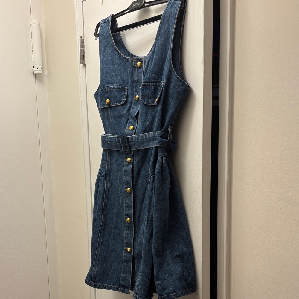Sleeveless Blue Denim Button-Front Dress - Picture 5 of 11